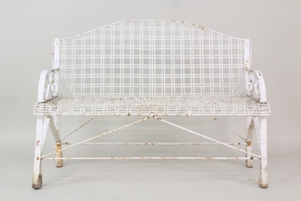 Victorian White Painted Wire Work Garden Settee, Strap Legs