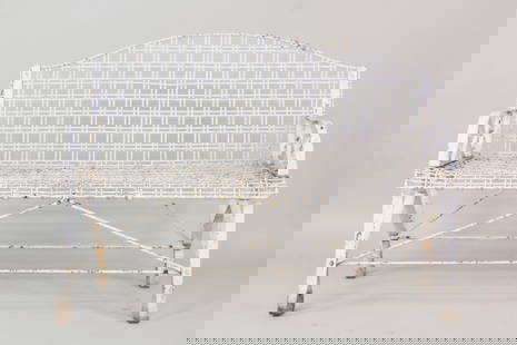 Victorian White Painted Wire Work Garden Settee, Strap Legs: Victorian White Painted Wire Work Garden Settee, Strap Legs. The settee ismade of elaborately wovenmetal wire. Dimensions are 35.25 in h x 47.5 in w x 20.5 in d. Condition is good, no broken parts,