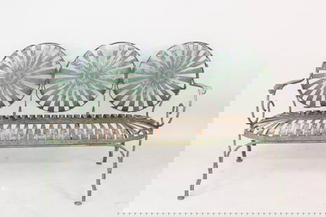 Green Sunburst Springer Garden 3-Seat Settee Bench: Green Sunburst Springer Garden 3-Seat Settee Bench. In the style ofFrancois Carre Sunburst chairs. Nice old green patina paint. Dimensions are 31 in h x 60.5 in w x 22 in d. The seat height is 18