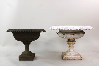 Lot of Mismatched Cast Iron Urn Planters on Pedestal, Signed J.W.Fiske