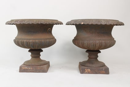 Pair of Cast Iron Urn Planters on Pedestal