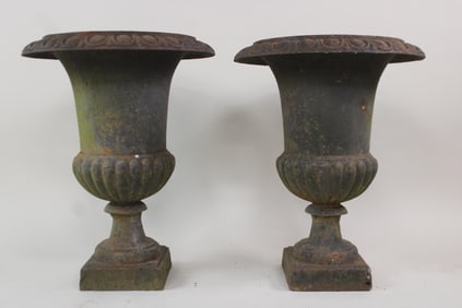 Pair of Black Cast Iron Planters on Pedestal