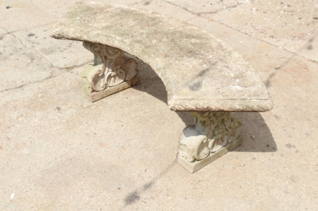 Cast Stone Concrete Garden Curved Bench with Cherub Legs (1 of 11)