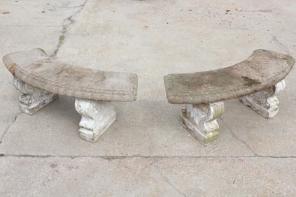 Pair of Cast Stone Concrete Curved Garden Benches