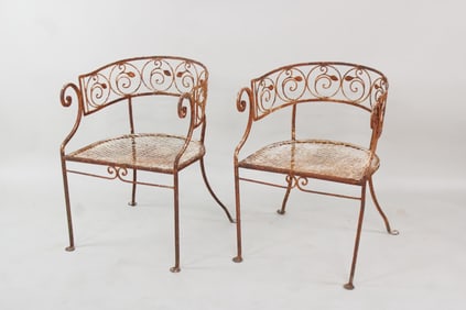 Pair of Wrought Iron Barrel Back Scroll Arm Chairs, Vine Leaf