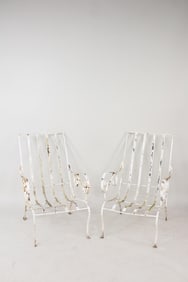 Pair of Iron Strap Garden Lounge Chairs, Scroll Arm