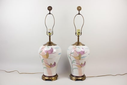 Pair of Chinoiserie Brass & Ceramic Lamps, Fredrick Cooper Style