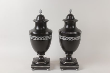 Pair of Black & Polished Nickel Urns, Jean Roger Paris