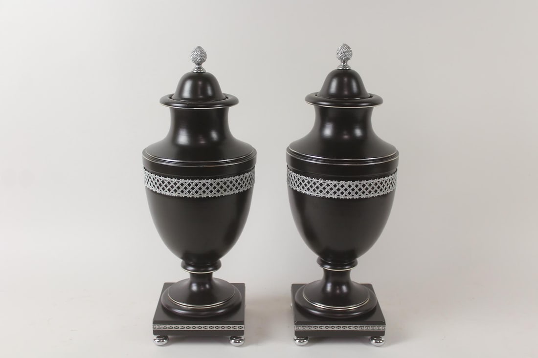 Pair of Black & Polished Nickel Urns, Jean Roger Paris (1 of 11)
