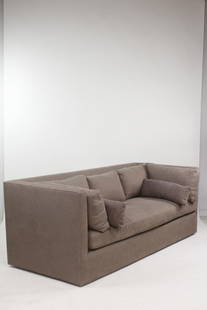 John Boone Shelter Sofa with Down Cushions: John Boone Shelter Sofa with Down Cushions. Contemporary sofa upholstered in grayish brown fabric, with down cushions included. From the Lockwood/Boone Collection and marked John Boone. Dimensions are