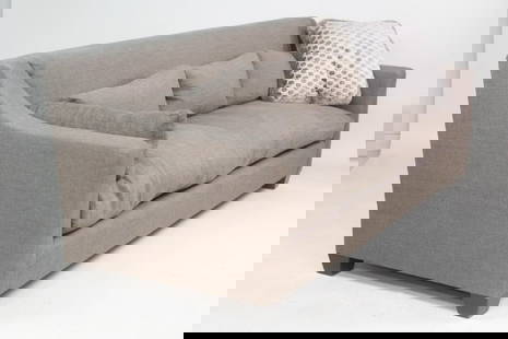 John Boone La Mer Sofa with Down Cushions: John Boone La Mer Sofa with Down Cushions. Contemporary sofa upholstered in grayish brown fabric, with down cushions included. From the Lockwood/Boone Collection and marked John Boone. Dimensions are