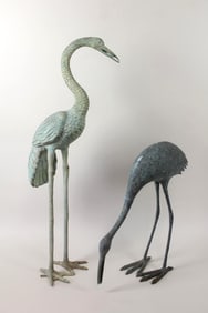 Pair of Verdigris Metal Heron Bird Garden Sculptures