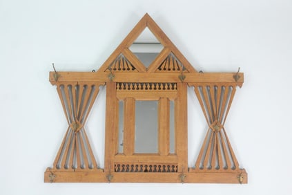 Large Folk Art Oak Wall Rack with Mirrors