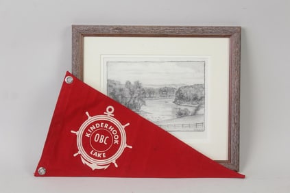 Framed Kinderhook Lake Drawing & Boat Pennant