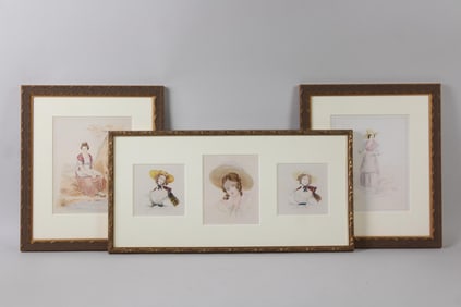Lot of 3 Framed Watercolor Portraits of Women, 19th C