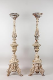 Pair of 4 Ft Ornate Carved Wood Candle Holders