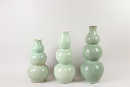 Lot of 3 Green Triple Gourd Ceramic Vases, Barthold Copper