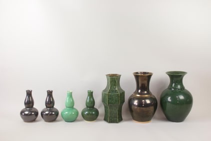 Lot of 7 Black and Green Ceramic Vases, Barthold Copper