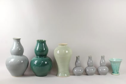Lot of 7 Celadon & Turquoise Ceramic Vases, Barthold Copper