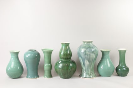 Lot of 7 Green Ceramic Vases, Baluster & Gourd, Barthold Copper