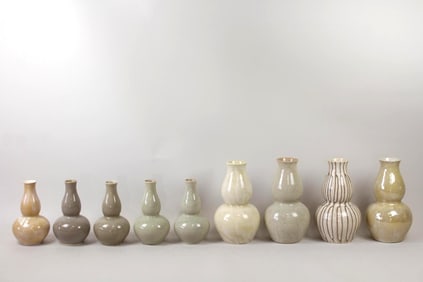 Lot of 9 Tan Ceramic Double Gourd Celedon Vases, Barthold Copper