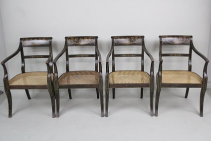 Set of 4 Regency Painted and Caned Arm Chairs, 19th Century