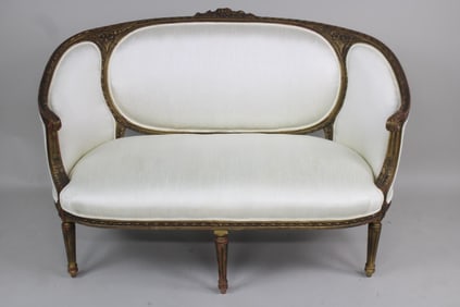 Carved and Gilt Wood French Louis XVI Style Linen Loveseat Sofa