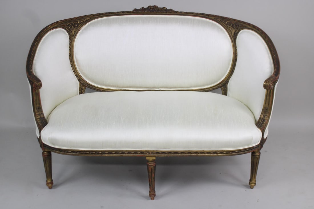 Carved and Gilt Wood French Louis XVI Style Linen Loveseat Sofa (1 of 15)