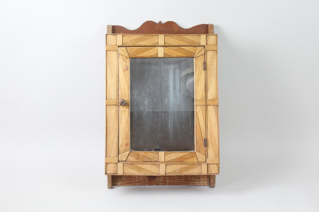 Folk Tramp Art Marquetry Wood Medicine Cabinet (1 of 11)