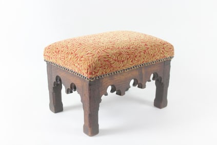 Oak Gothic Revival Footstool with Velvet Seat