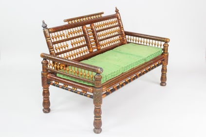 Ornate Indian Sankheda Black Lacquer & Gilt Settee