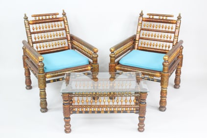 Pair of Ornate Indian Sankheda Black Lacquer & Gilt Chairs & Table