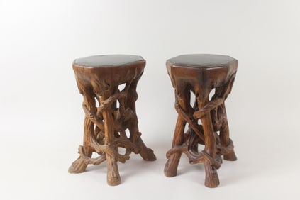 Pair of Carved Root & Vine Stools with Slate Tops