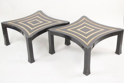 Pair of Contemporary Black Lacquer and Silver Leaf Hollywood Regency Side Tables