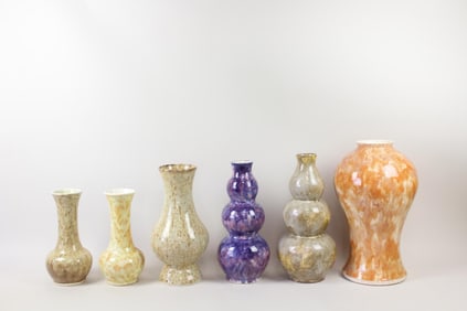 Lot of 6 Colorful Ceramic Vases, Triple Gourd, Barthold Copper