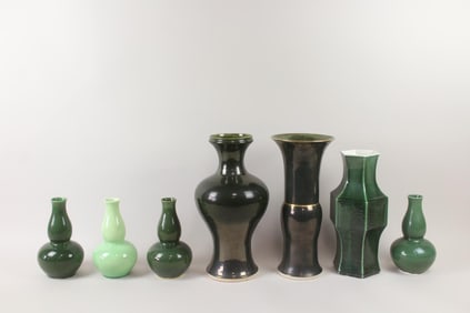 Lot of 7 Green Ceramic Vases, Barthold Copper and John Thompson Pottery