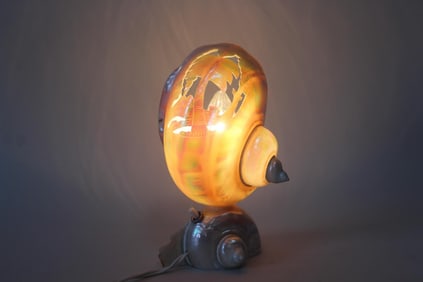 Nautilus Shell Lamp with Carved Tropical Scene