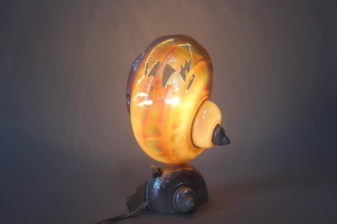 Nautilus Shell Lamp with Carved Tropical Scene (1 of 11)