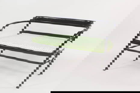 Black Lacquer Thonet Salon Settee by Otto Wagner: Black Lacquer Thonet Salon Settee by Otto Wagner. Settee with black finish, and seat cushion with green & white basketweave pattern fabric. No Thonet label attached, but matches the pair of chairs (in