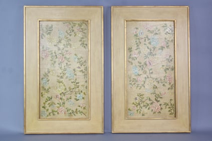 Pair of Gilt Edged Framed Chinese Panels Painting of Flowers