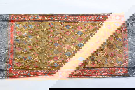 Colorful Persian Oriental Rug with Animal Motif: Colorful Persian Rug with Animal Motif. Wool rug in vibrant tones of red and blue on a tan ground, with animals and geometric shapes. Approximately 3.5 x 6 ft. Dimensions are 71 in h x 39 in w x .5 in