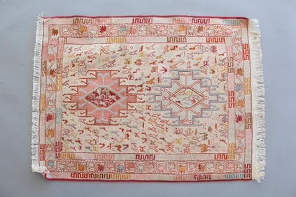 Silk Sumak Kilim Rug with Bird & Animal Motif