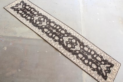 13 Ft Dark Brown & White Oriental Runner Rug