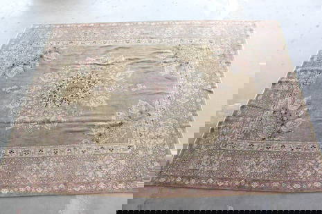 Room Size Persian Oriental Rug, 8.5 x 11.5 Ft: Room Size Persian Oriental Rug, 8.5 x 11.5 Ft. Beautiful wool area rug in brown with tan and purple floral details. Dimensions are 139 in h x 104 in w x .5 in d. Condition is good with wear to edges a