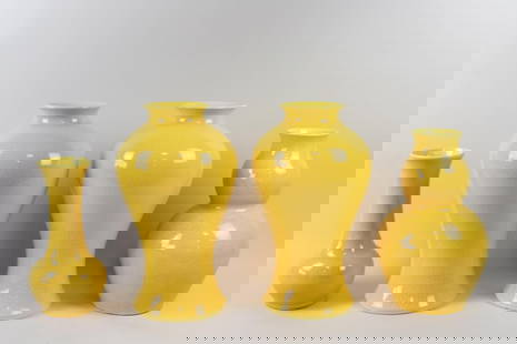 Lot of 4 Yellow Ceramic Vases, John Thompson Pottery: Lot of 4 Yellow Ceramic Vases, John Thompson Pottery. This contemporary pottery grouping is mostly bright yellow coloredglaze. Two are marked John Thompson Pottery. Dimensions of tallest are 17.5 in h