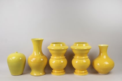 Lot of 5 Yellow Ceramic Vessels, Barthold Copper & John Thompson