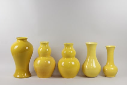 Lot of 5 Yellow Ceramic Vases, Double Gourd, Barthold Copper