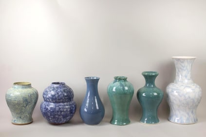 Lot of 6 Blue and Green Ceramic Vases, Barthold Copper
