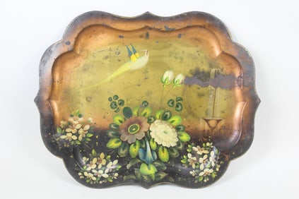 Victorian Toleware Metal Tray with Flowers, Bird & Fountain