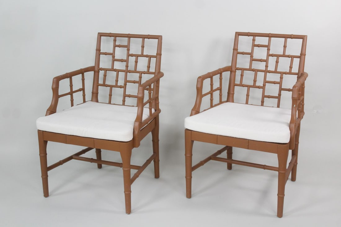 Painted Carved Wood Faux Bamboo Chinese Chippendale Chairs: Painted Carved Wood Faux Bamboo Chinese Chippendale Chairs. These appear to be made by Larkwood Furniture but no makers label. Dimensions are 36.25 in h x 24 in w x 21 in d. Condition is good. Please 